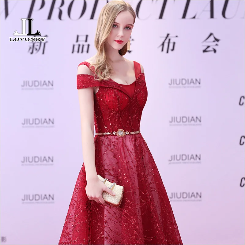 LOVONEY A Line V Neck Lace Up Open Back Evening Dress Long Ball Gown Formal Dress Prom Party Dresses Vestido De Festa Longo M252 LOVONEY A Line V Neck Lace Up Open Back Evening Dress Long Ball Gown Formal Dress Prom Party Dresses Vestido De Festa Longo M252