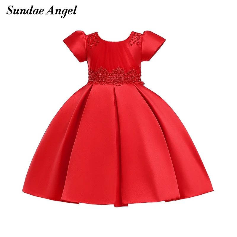 

Sundae Angel Dress Girls Elegant Short Sleeve Beading Bowtie Belt Satin Ball Gown Ruched Fluffy Party Evening Formal Dress Girl