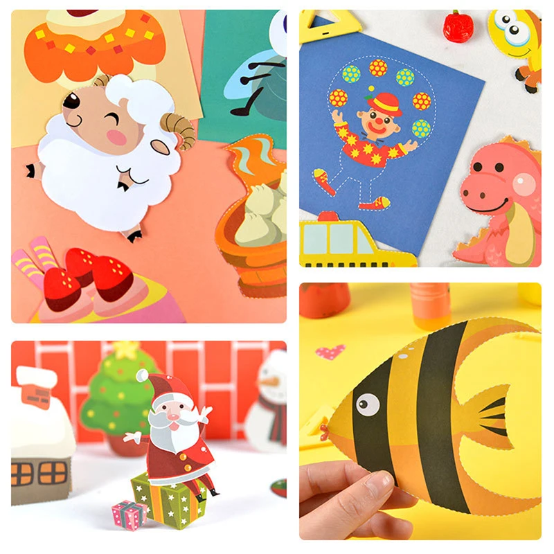 awesome  100pcs Kids Cartoon Color Paper Folding and Cutting Toys with Scissors kindergarten DIY Art Craft E