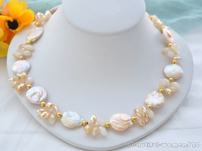 pink COIN FRESHWATER PEARL faceted crystal NECKLACE 19inch | Украшения и аксессуары