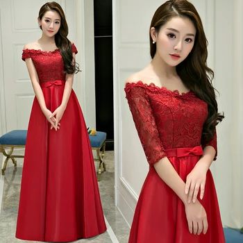 

Elegant Evening Dress V-neck Burgundy Satin Lace Appliques Floor-length Party Formal Gown Robe De Soiree