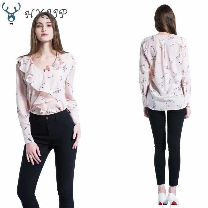 

2019 Spring Autumn New Crane Print Deep V Collar Lotus Leaf Side Sleeve Head Long Sleeve Women's Shirt Blouse