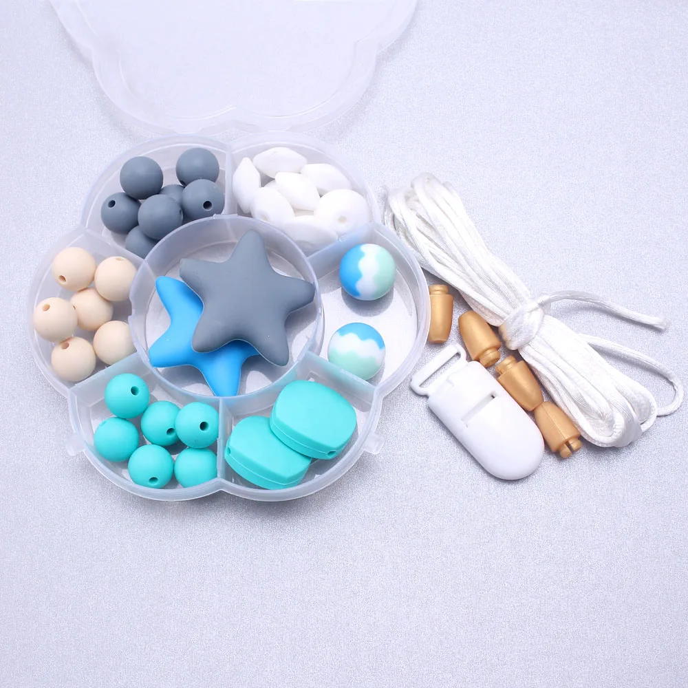 

MHS.SUN Baby Teether Beads Toys DIY Silicone Teething Necklace Accessories Handmade Making Star Shape Pacifier Clips Tools Set