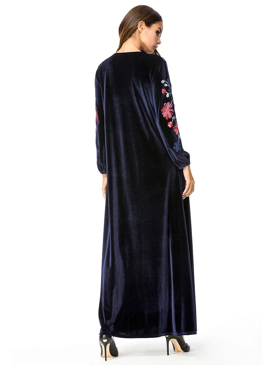 Элегантное вышитое бархатное Абая цветочное мусульманское Макси-платье с высокой талией, длинные халаты, кимоно, свободная Рамадан, Арабская Исламская одежда