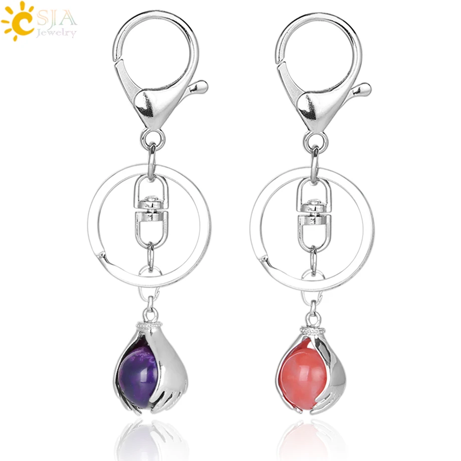 

CSJA New Car Keychains Metal Key Rings Clasp Holder Both Hands Round Ball Pendants Natural Onyx Stone Festival Gift for Men E826
