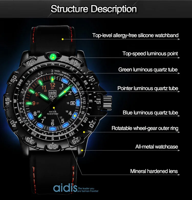 Топ люксовый бренд AIDIS мужские s часы крутые спортивные военные часы водонепроницаемые уличные светящиеся кварцевые часы мужские Relogio Masculino