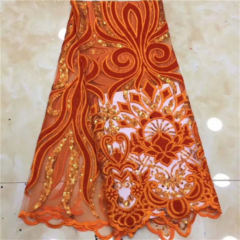 

2019 French Net Lace Fabrics With Plenty Sequins,High Quality African Tulle Lace Fabrics Sequins Wedding Nigerian Orange lace