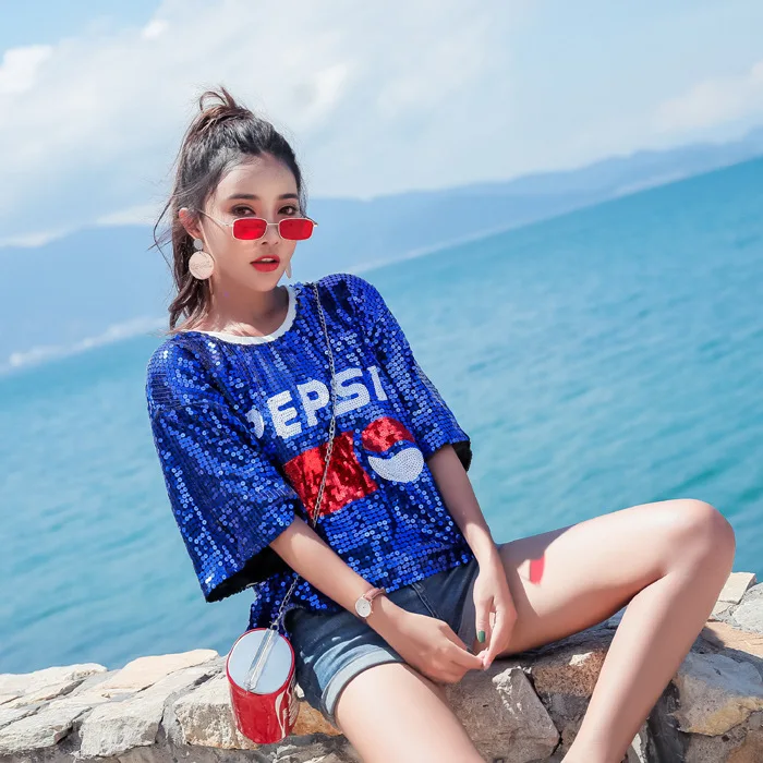 

2019 Europe and the United States port tide brand letters Pepsi-Cola t-shirt female loose short-sleeved summer