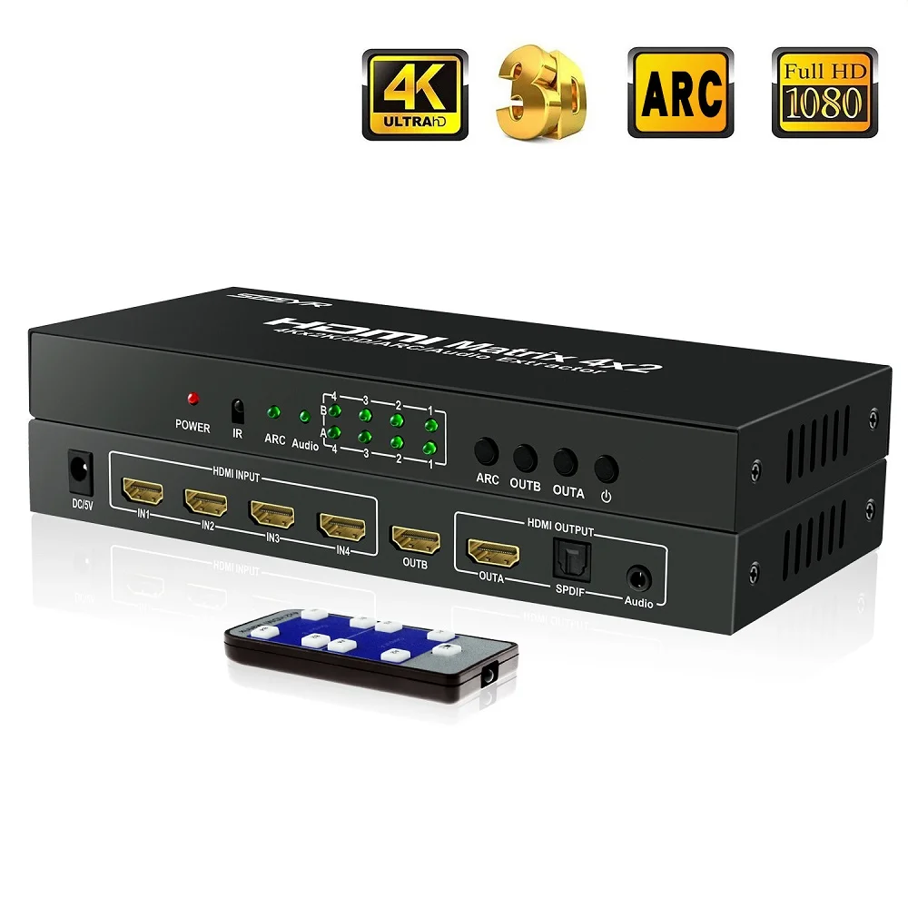 SGEYR HDMI Matrix 4x2 6x2 Switch Splitter 4 in/6 in 2 out with SPDIF+ 3.5MM audio Extractor 4Kx2K/30HZ with Remote control SGEYR HDMI Matrix 4x2 6x2 Switch Splitter 4 in/6 in 2 out with SPDIF+ 3.5MM audio Extractor 4Kx2K/30HZ with Remote control