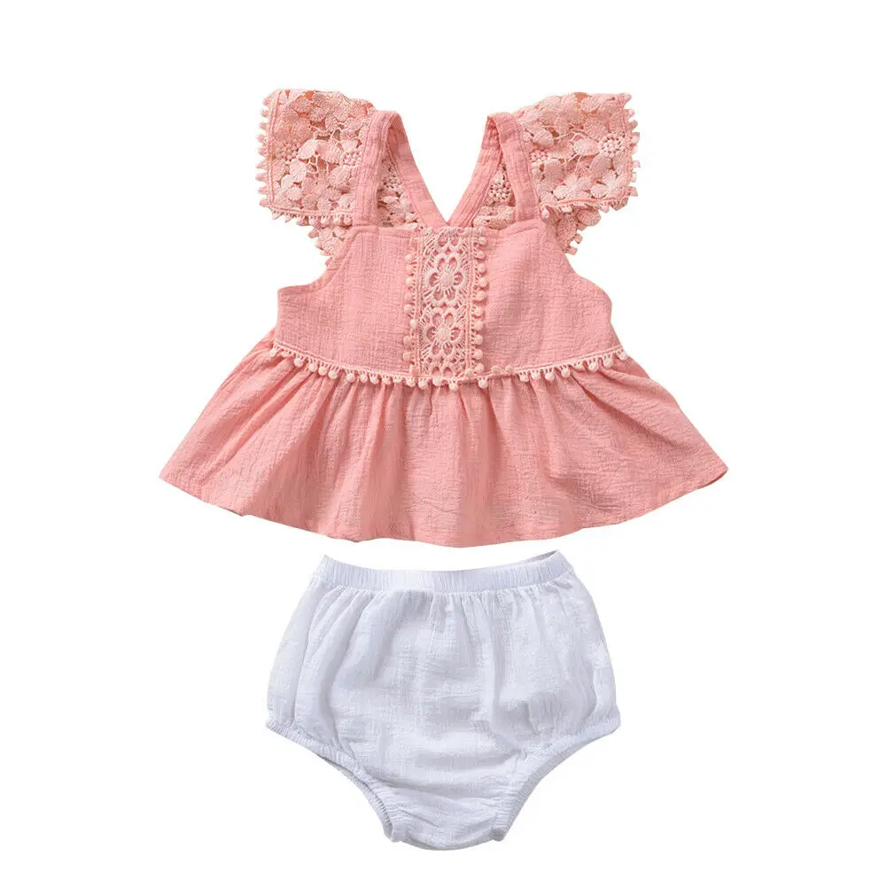 

Cute Newborn Infant Baby Girls Clothes Set Summer Lace Flower Tunic T shirt White Bloomer Shorts Outfits