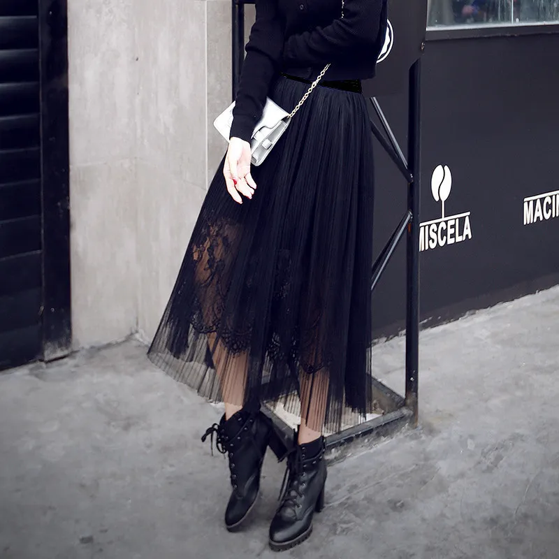 

Plus Size S-XL 2017 Spring Summer Autunm Europe and America Lace Skirt Long Perspective Waist Gauze Tutu Pleated Skirts