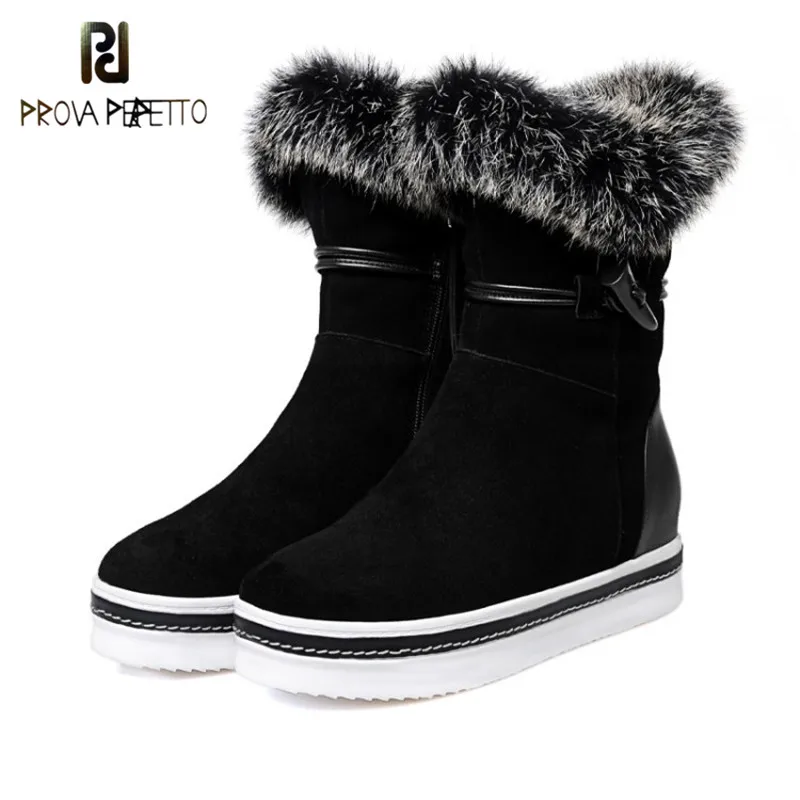 

Prova Perfetto Winter Fashion Grey Women Short Boots Real Cow Suede Fur Round Toe Mid Heel Boots Comfort Flange Girl Snow Boots