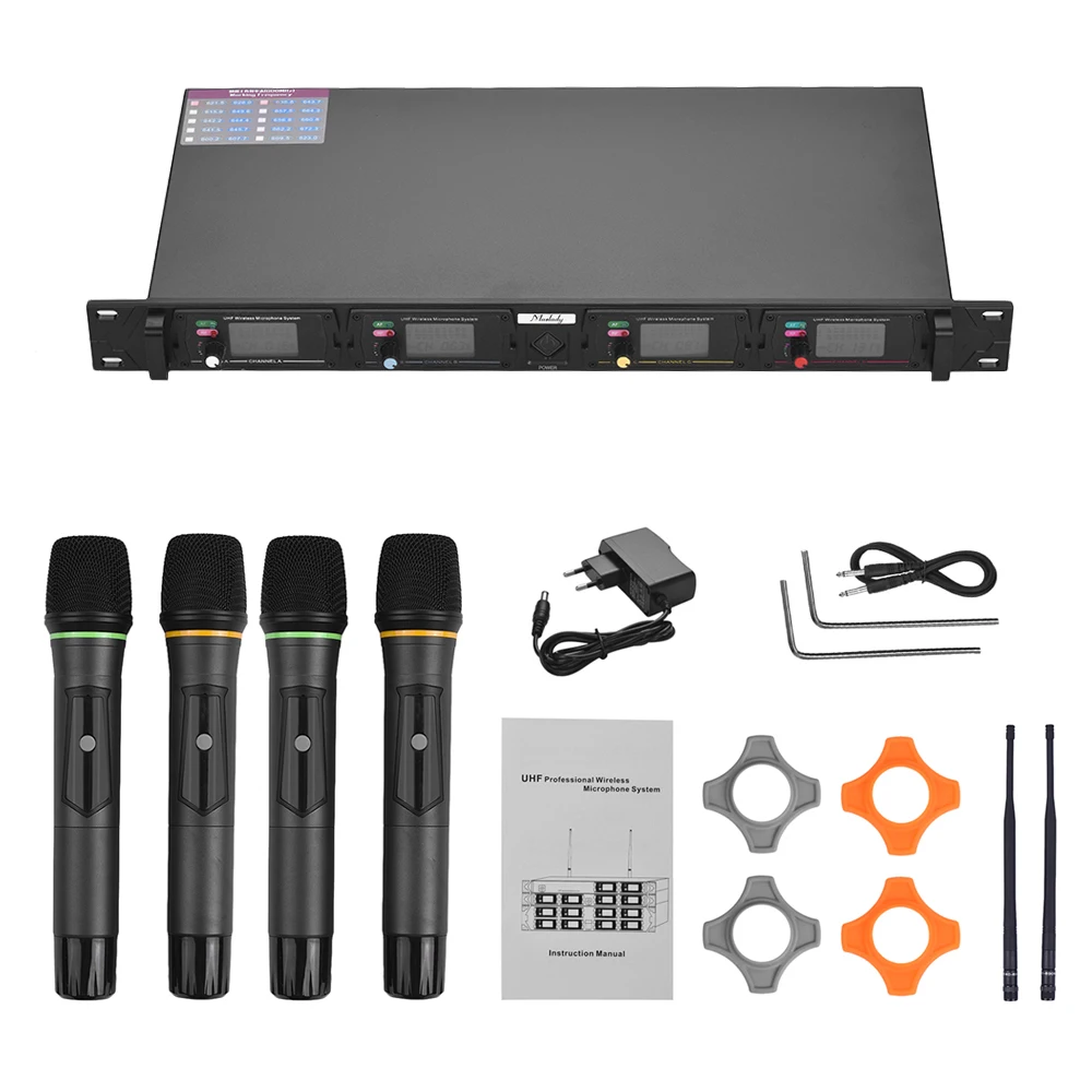 Muslady D4 Профессиональный 4-канал частоты UHF Беспроводной микрофон Системы включает в себя 4 портативный микрофон+ 1 стойку-приемник с креплением