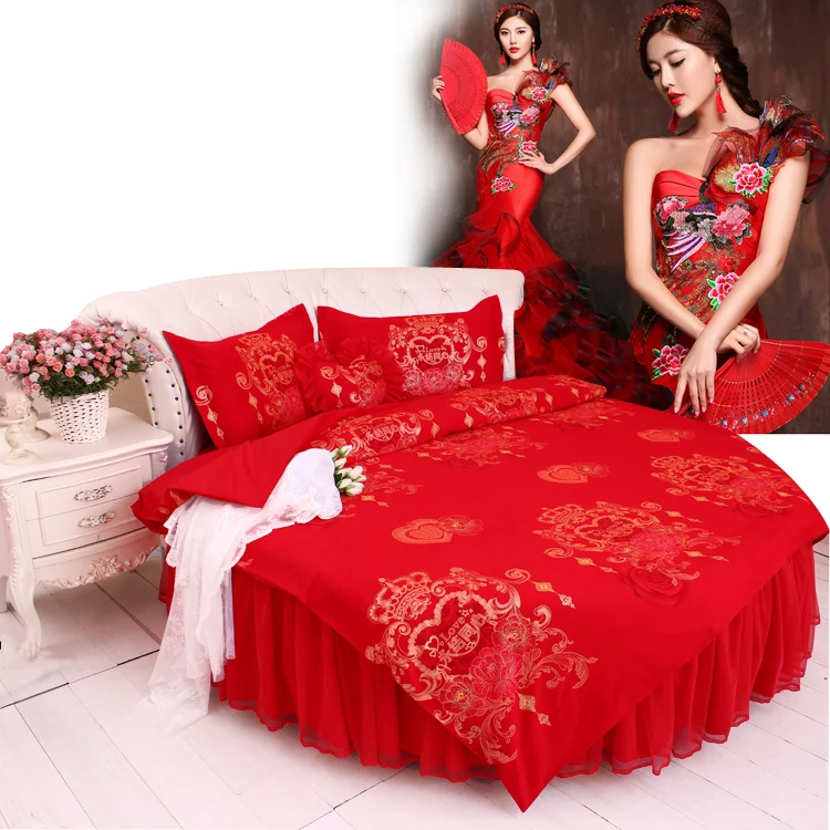 Best Round Bed Chinese Style Wedding rosy Bedding sets SuperKing 9Ft Dancing Girls Home MARRY DuvetCover Bedskirt Set Round Bedding 17
