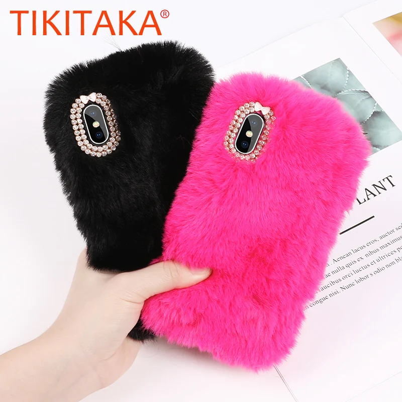 

Cute Rabbit Fur Plush diamond Phone Case For iPhone 11Pro 11Pro Max X XR 11 8 7 6 6S Plus Cartoon Furry Soft TPU hair Back Cover