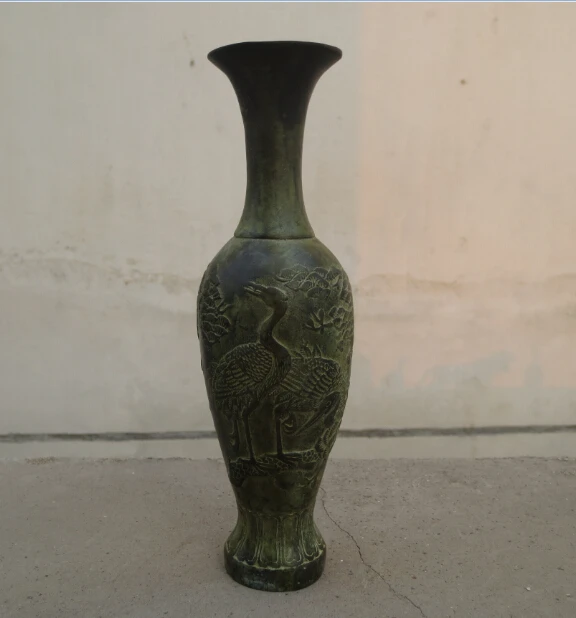 

Metal Crafts H:8inch chinese Old Handwork Bronze Carved Crane Vase fast shipping