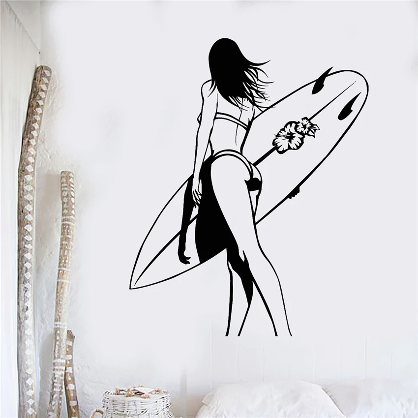 

Vinyl Wall Decal Surfing Girl with Surf Beach Style Sports Stickers Art Decor Home Decor Cute Vinyl Wall Sticker U373