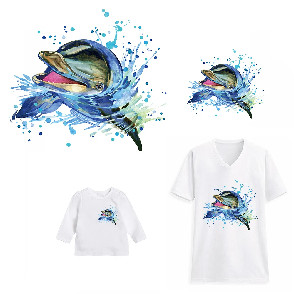 

Watercolor Dolphin Animals Patches for Clothes T-shirt Hat Heat Transfer Iron Stickers Appliques DIY Accessory A-level Washable