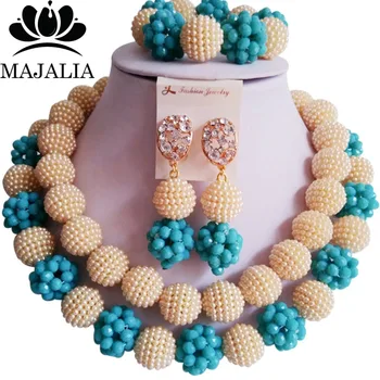 

Majalia Fashion Nigeria Wedding African Jewelry Set Champagne and Blue Crystal Plastic Pearl Necklace Bride Jewelry Sets 2CY006