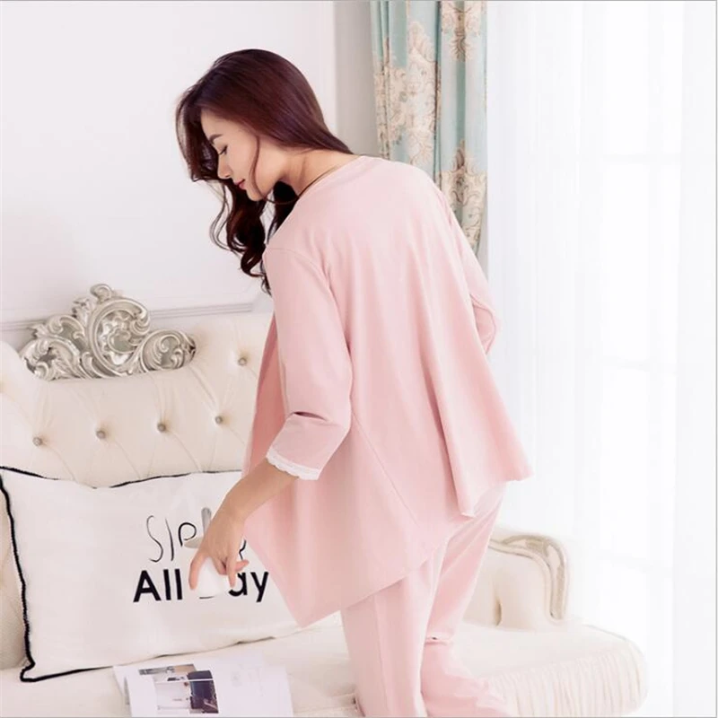 Three-piece set for pregnant women Round neck long-sleeved cotton maternity Postpartum home set Pure color breastfeeding suit