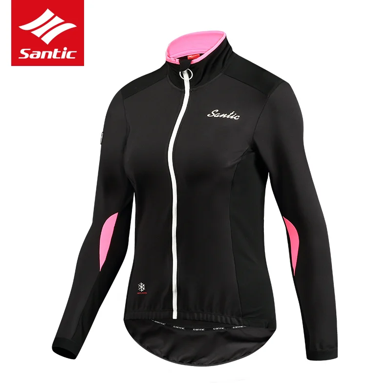 Santic Весна Осень Женские флисовые велосипедные футболки с длинным рукавом ветрозащитная теплая велосипедная куртка термальная велосипедная походная одежда - Цвет: Черный