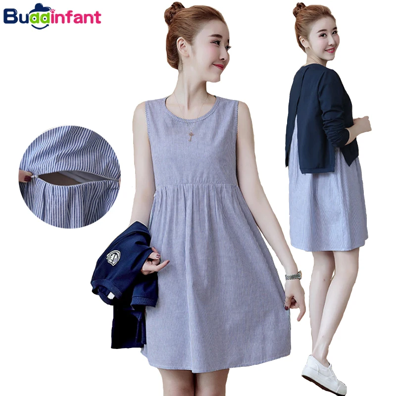 

Maternity Nursing Dress For Pregnant Women Clothing 2pcs/set Lady Striped Cotton Breastfeeding Pregnancy Dresses Clothes Suit