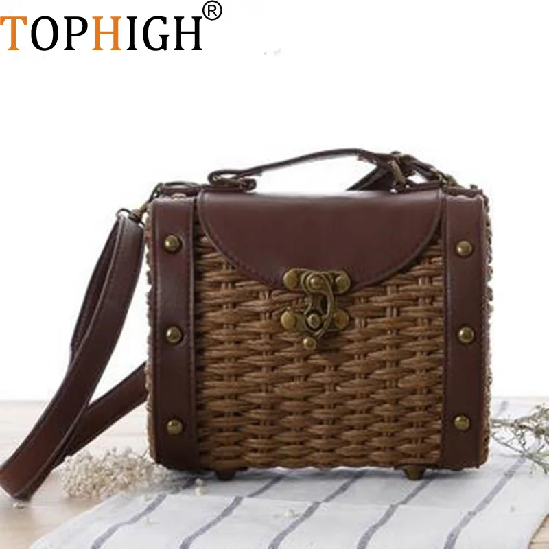 

TOPHIGH Summer Designer Vintage Straw Bag Handmade Woven Straw Tote Bag Leather Beach Bag Mini shoulder bags for women 2018