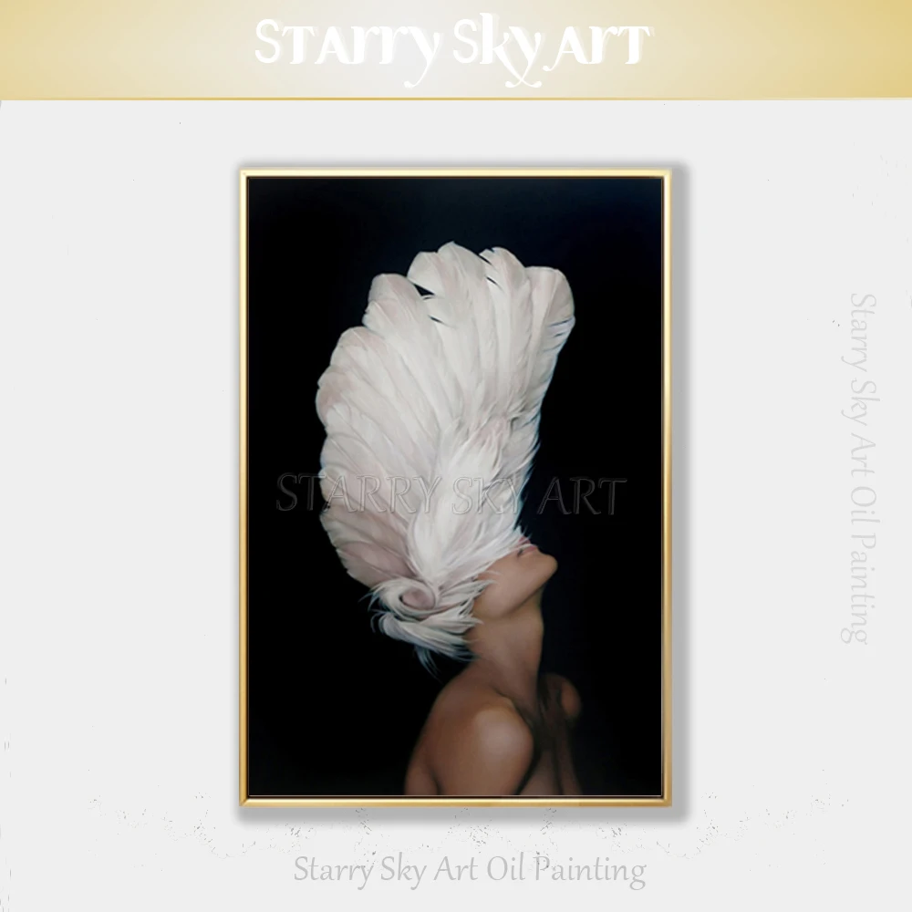 Professional Artist Hand-painted High Quality Lady with Feather Oil Painting on Canvas Modern Fine Art Figure | Дом и сад