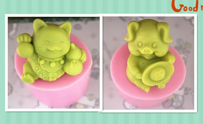 

2pcs/set free shipping handmade soap silica gel mould candle soap mould silicone mold for DIY lucky cat +pig