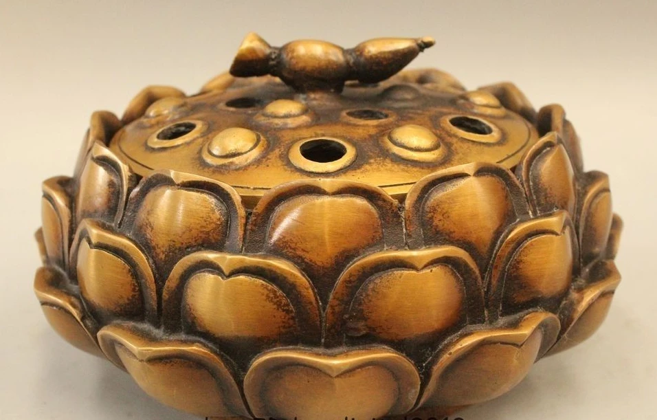 

4"Marked Chinese Dynasty Copper Lucky lotus root Flower Incense Burner Censer