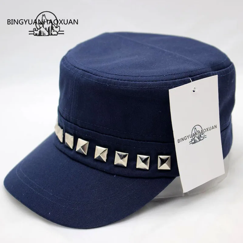 

BINGYUANHAOXUAN Hip Hop Flat Hats Punk Rivet Ring Men Army Hat Woman Casual Baseball Cap Brand Fitted Hats 2017 New Year'S Gift