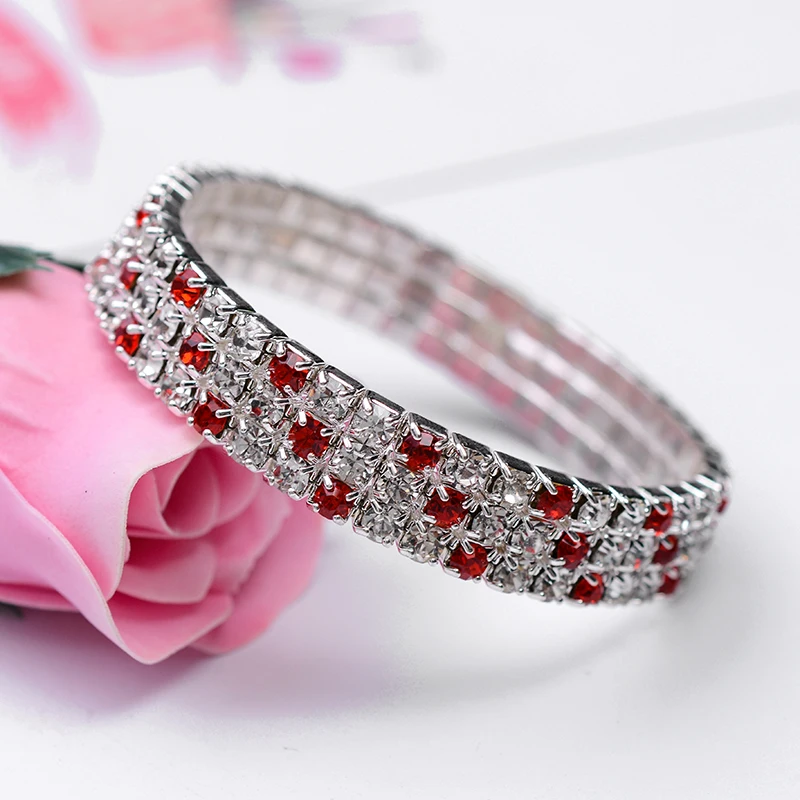 SUKI круглый модный женский 3 ряд Bling Прозрачный Красный Кристалл Стекло стрейч браслет Блестящий Свадебный браслет подарок