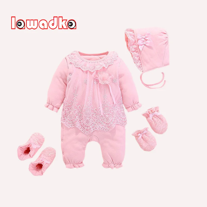

Baby Romper Hat Gloves Socks 4Pcs Baby's Sets Baby Rompers Winter Long Sleeve Baby Set Girl 1st Birthday Party Clothes