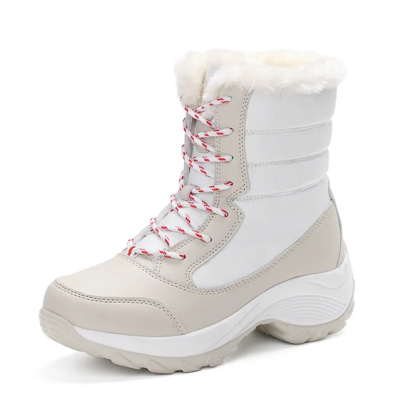Г., новые женские ботинки зимние ботинки из высококачественной кожи и замши женские теплые водонепроницаемые зимние ботинки на шнуровке - Цвет: Бежевый