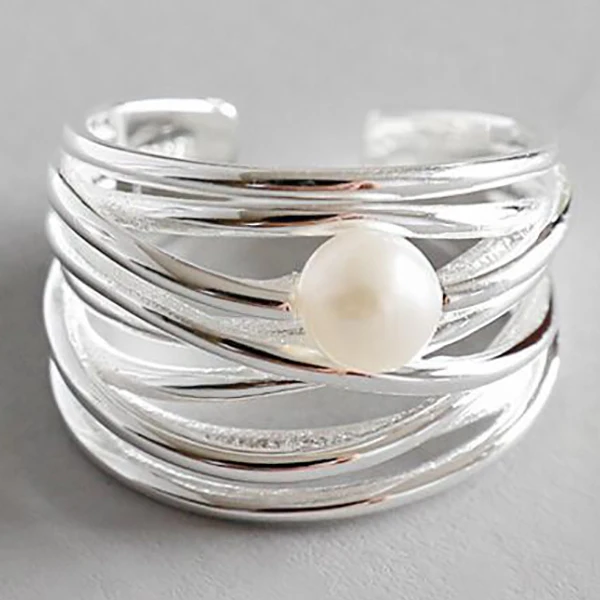 S925 Sterling Silver Personality Fashion Irregular Multi-layer Natural Freshwater Pearl Ring 