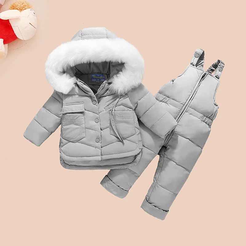

HSSCZL Children Clothing Set Jumpsuit Snow Jacket+bib Pant 2pcs Set Baby Boy Girls Duck Down Jacket Coat white Fur Hood 0-3Age