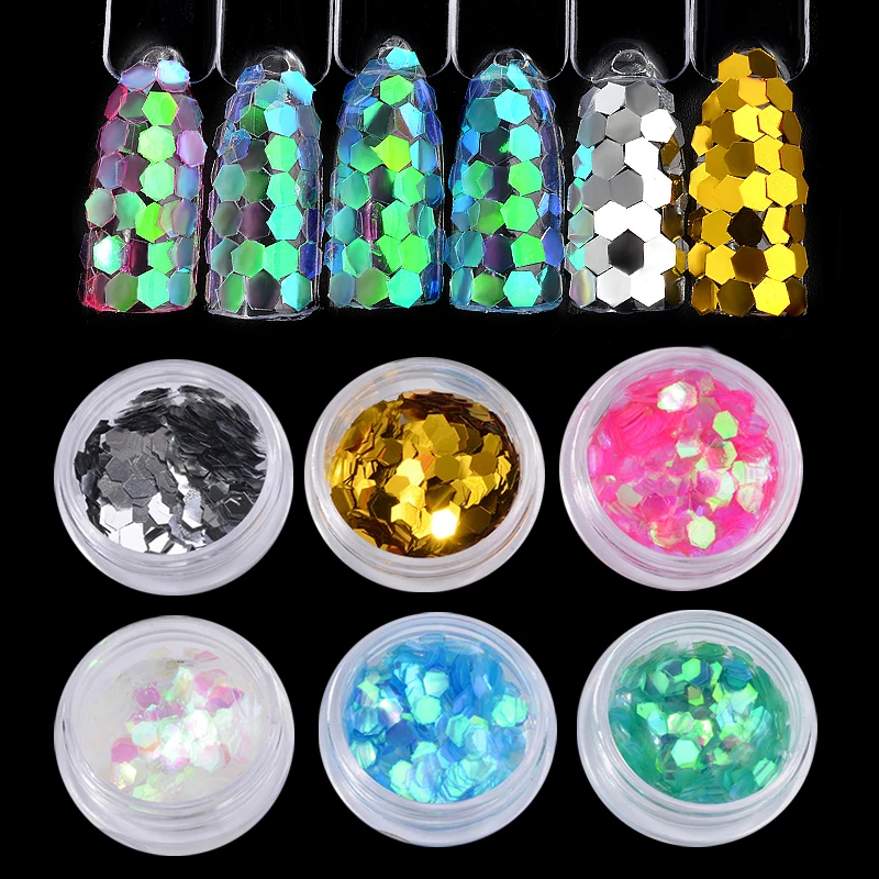 

6Pcs Holographic Nail Art Sequins Flakes Gold Silver Colorful 3d Nail Glitters DIY Beauty Nail Decoration Accessories