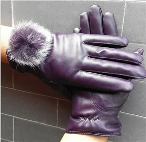 Модные женские теплые толстые зимние перчатки, кожаные элегантные брендовые варежки для девочек, свободный размер с кроличьим мехом, женские перчатки - Цвет: purple
