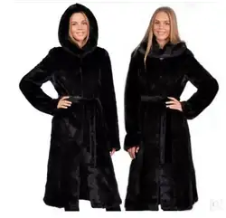 Женская длинная куртка с секциями черный с капюшоном норки Мех животных Куртки повседневная женская обувь Искусственный мех пальто