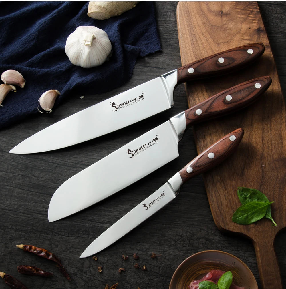 SOWOLL Stainless Steel Knife Kitchen Chef's Knife High Carbon Gyutou Nakiri Santoku Utility Knives Triple-Riveted Handle Tools