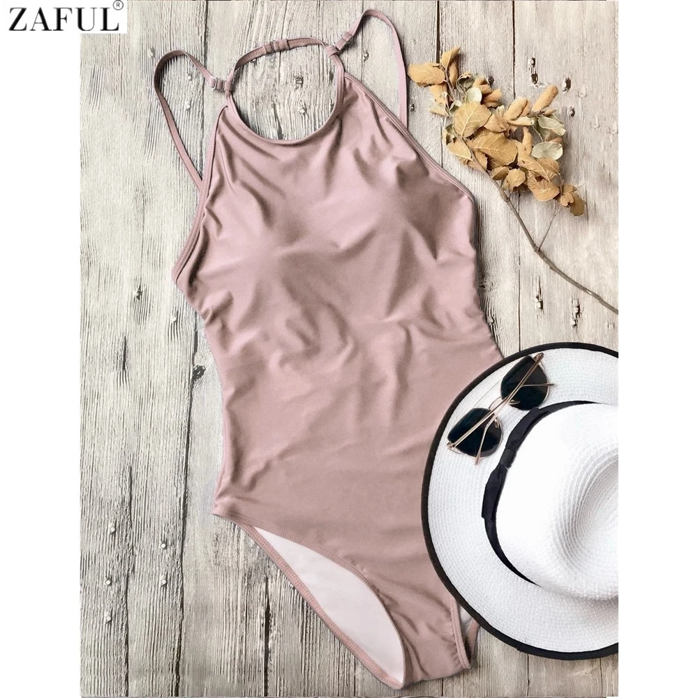 

ZAFUL 2019 Women New Open Back High Neck Swimsuit Sexy Piece swimsui tHigh Neck Mid Waisted Open Back Beach Girls Bathing Suit