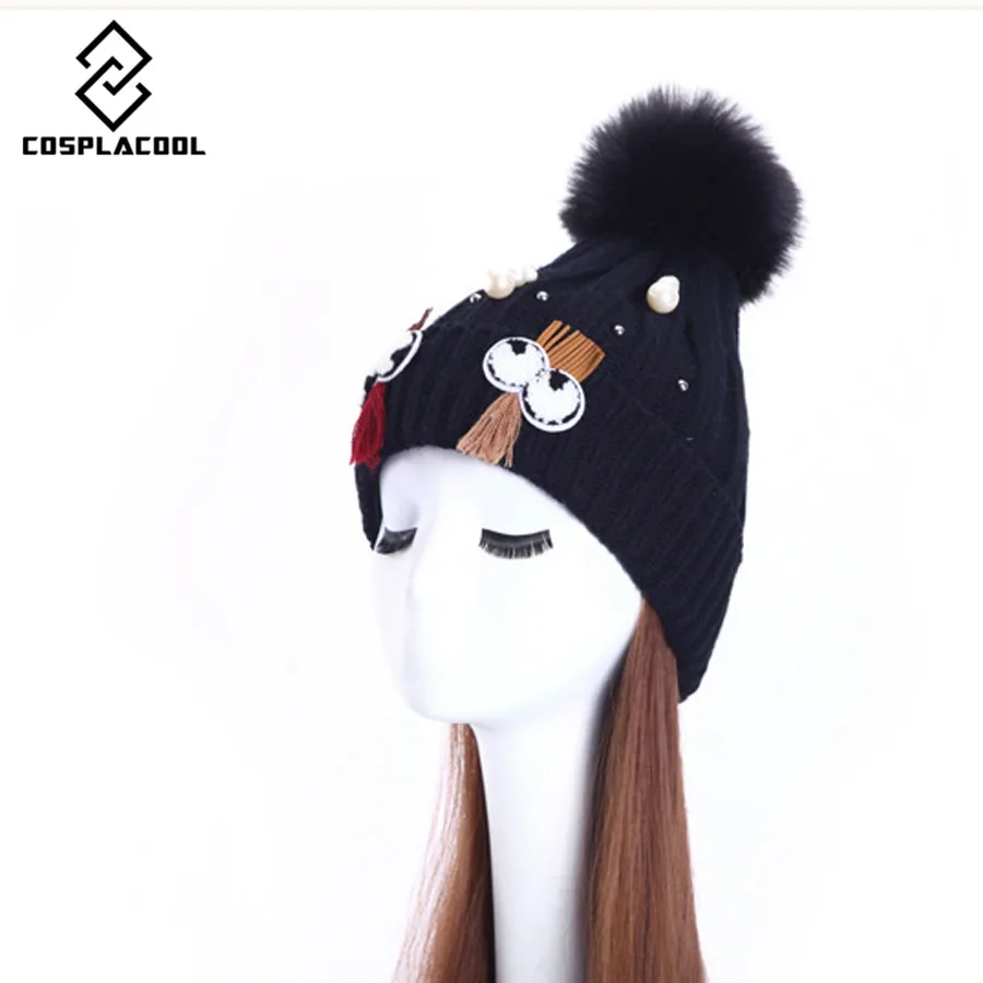 

[COSPLACOOL] Wool beanie knitted mink winter warm Fleece beanies hats for women Skullies Bonnet  Outdoor hats Warm Baggy Cap