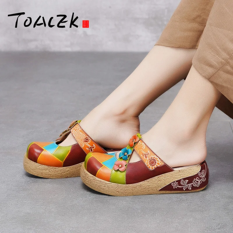 

Spring and summer new flowers retro national wind slope and thick bottom shoes female leather printing Cool drag