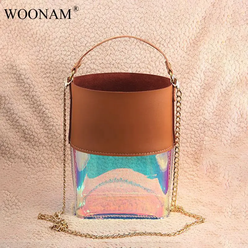 

WOONAM Fully Handmade Genuine Calf Leather Patched With Glossy Transparent Holographic Small Bucket Chain Shoulder Bag Wb718