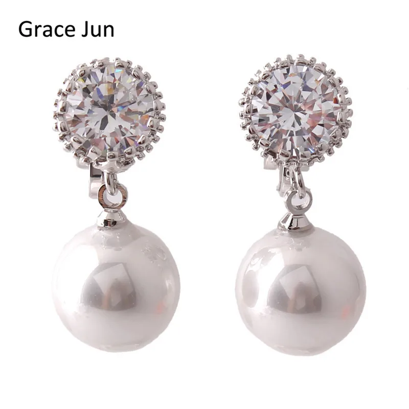 Round Shape AAA Cubic Zircon Simulated Pearl Clip on Earrings Non Piercing for Women ear clip earrings clip earrings ear clip