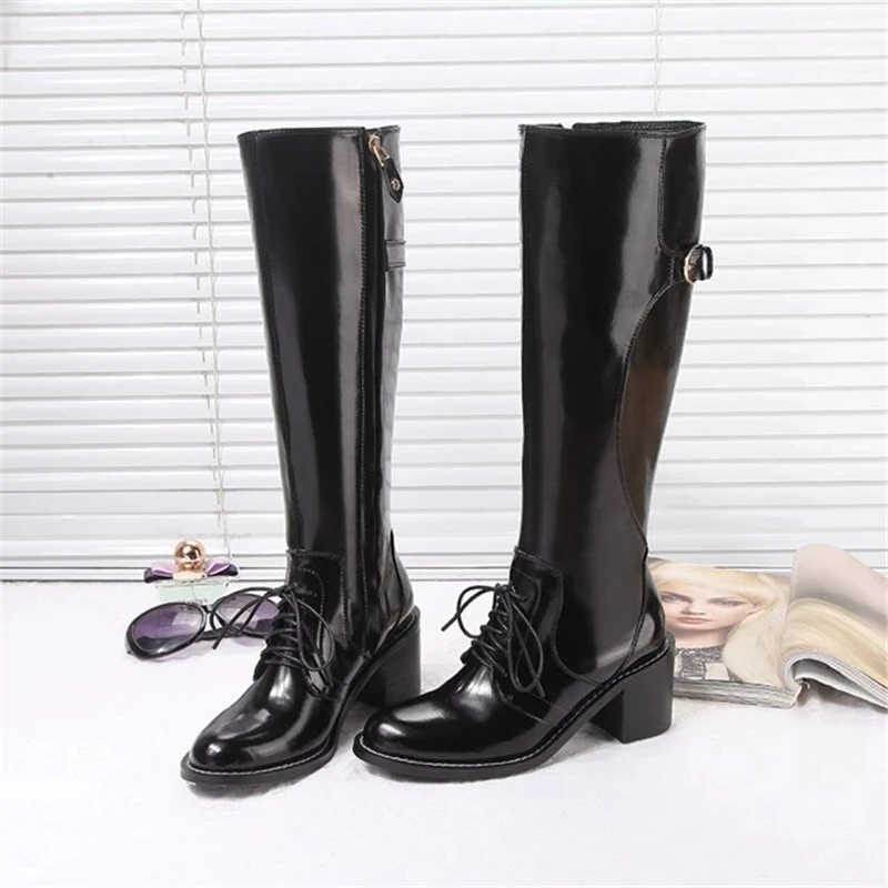 

2017 Square Heel Knee High Boots Luxury designer Genuine Leather Riding Boots Women Brand Designer European Shoes brand Style