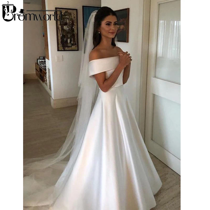 Элегантные свадебное платье мусульманское 2019 robe de mariee с открытыми плечами атласная слоновая кость Простые Свадебное платье без бретелек