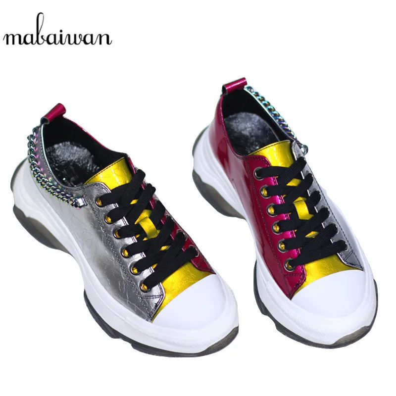 

Mabaiwan Fashion Real Leather Women Shoes Brand Mixed Colors Sneakers Chaussure Breathable Autumn Female Chain footware Flats