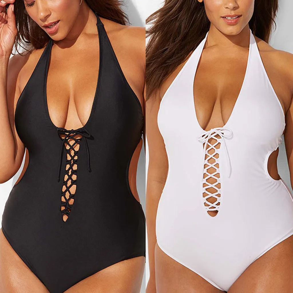 

2019 Summer Women Plus Size Deep V Straps One-piece Sling Hanging Neck Bikini Swimwear Bathing Suits Bodysuit Monokini Swimsuit