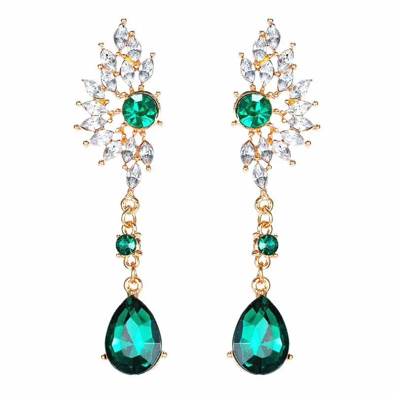 New Female Fashion Jewelry Retro Exquisite Rhinestone Sweet Flower Gem Stone Cubic Zircon Crystal Dangle Earrings for Women